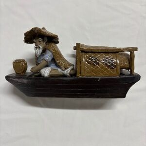 Vintage Chinese Ceramic Boat Figurine – Fisherman with Hut – Hand-Painted Decor